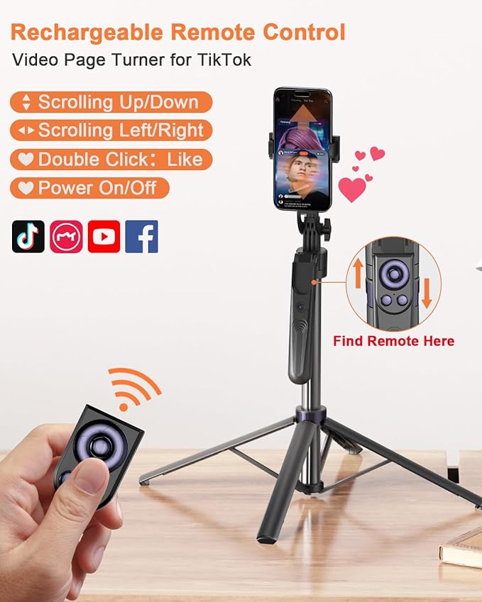 Yeaki 71” Auto Face Tracking Tripod for iPhone with Light,360° Rotating Phone Stand with Rechargeable Remote Control for TikTok Vlog Video Recording, Phone Tripod for Android Camera/GoPro/Ring Light - Image 3