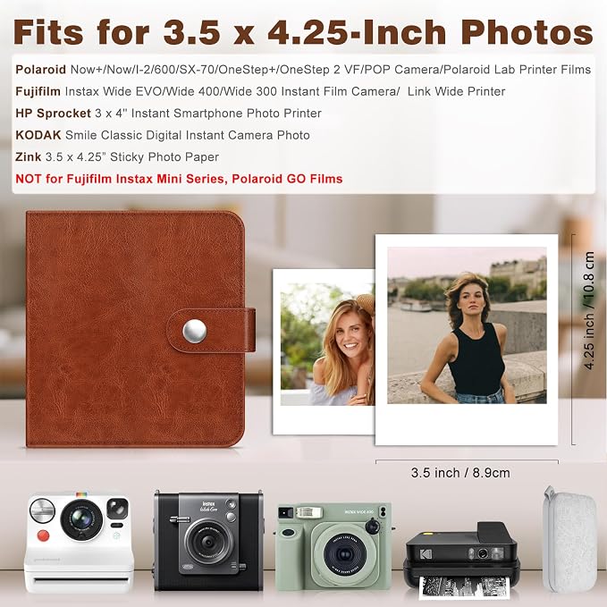 Fintie Small Photo Album Book for 3.5x4.25" Polaroid Films - 52 Pockets | For Polaoird I-Type/600/Sx-70 Films, Fujifilm Instax Wide Pictures Albums Book, Boys & Girls Memory Keepsakes, Vintage Brown - Image 2