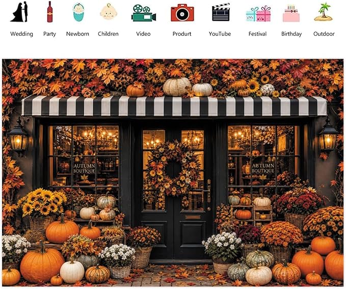 Fall Pumpkin Store Backdrop 8x6ft Autumn Boutique Harvest Pumkin Photography Background Vintage Fall Fall Festival Thanksgiving Family Party Decorations Banner Vinyl - Image 2