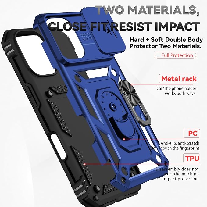 HNHYGETE for iPhone 16 Case with Screen Protector: [Military Grade 20ft. Drop Tested] Slide Camera Cover Ring Shockproof Protective Phone Case for - iPhone 16 (Blue) - Image 5