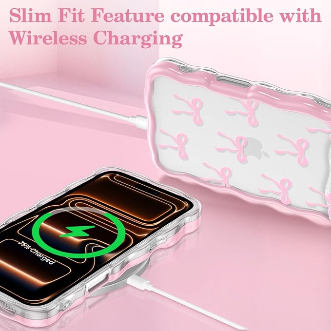 QLTYPRI for iPhone 17 Pro Pink Bow Case, Clear Cute Pink Ribbon Bow Phone Case Curly Wavy Aesthetic Phone Cover, Soft Slim Transparent TPU Shockproof Protective Cover for Women Girls - Ribbon Bow - Image 5