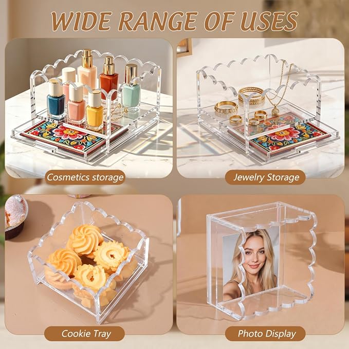 2 Pack Scalloped Acrylic Trays with Insert Drawer, 4" x 4" and 5" x 5" | Clear Display Trays for Needlepoint Inserts, Photos, Art, Fabric, Jewelry Organizer, Vanity and Home Office Desk Decor Gift - Image 9