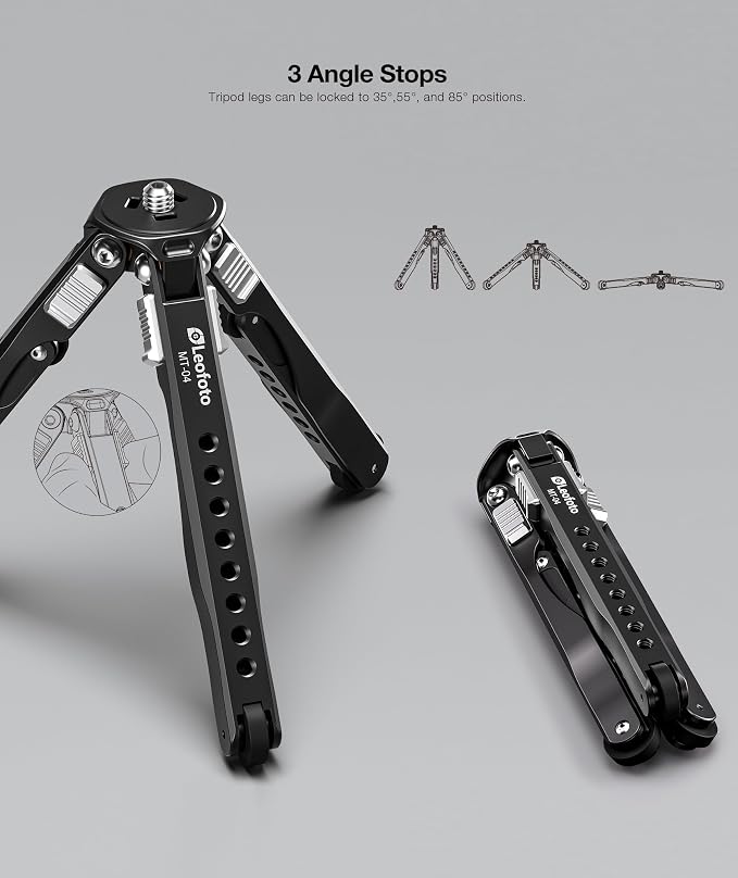 Leofoto MT-04 Tabletop Tripod, Aluminum Mini Tripod, 3 Leg Sections, Foldable Leg, Portable and Compact, 1/4" Accessories Thread, 3/8" Mounting Stud (MT-04+LH-30) - Image 6