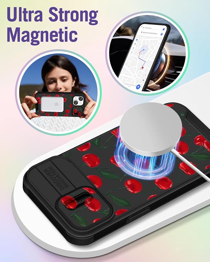 Buleens for iPhone 14 Plus Case 6.7 Inch - with Ring Stand & Camera Cover Cute Designed for Women Girls Girly Kawaii Cherry for iPhone 14 Plus Phone Case Compatible with Magsafe - Image 4