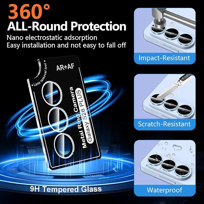 for Samsung Galaxy S26 Plus Camera Lens Protector, Individual Metal Ring Tempered Glass Lens Cover, [Strong Adsorption] Scratch Resistant Ultra-Thin HD Clear Lens Cover, 1 Set-Blue Ring - Image 2