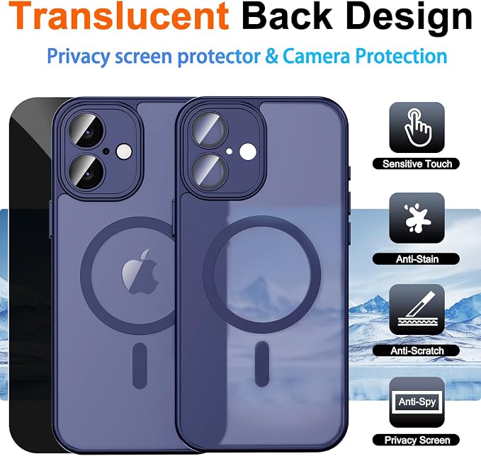 for iPhone 16 Case with Privacy Screen Protector, Blue | Full Camera Protection, Matte Translucent, Magnetic, Compatible with MagSafe, Shockproof Phone Cover, Slim Fit - Image 2
