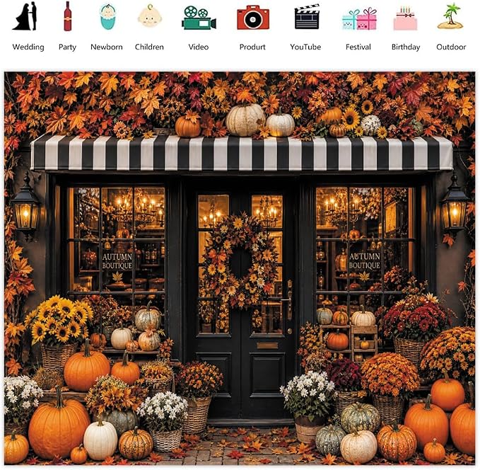 Fall Pumpkin Store Backdrop 10x10ft Autumn Boutique Harvest Pumkin Photography Background Vintage Fall Fall Festival Thanksgiving Family Party Decorations Banner Vinyl - Image 2