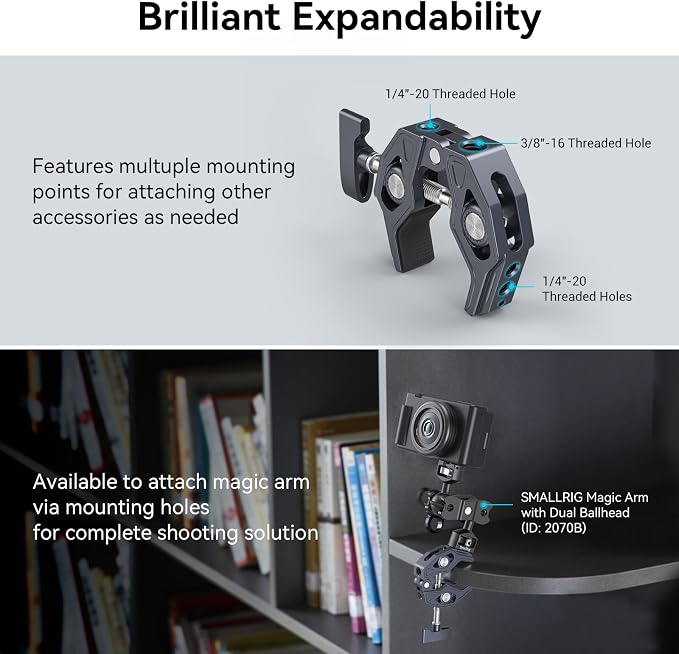 SMALLRIG Crab-Shaped Super Clamp, Camera Mount, 1/4"-20, 3/8"-16 Threaded Holes, 7.7lbs/3.5kg Payload, Compatible with Cameras, Monitors, LED Lights, etc. (Pack of 2) - Image 3