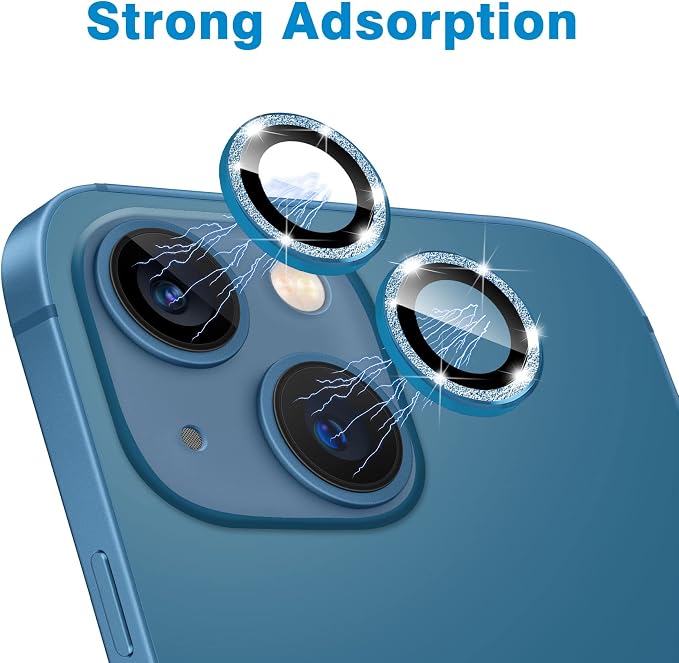 for iPhone 13 Mini & iPhone 13 Camera Lens Protector, Bling Glitter 9H Tempered Glass Camera Cover Anti Scratch Shockproof Screen Protector Individual Ring - 2Pcs Glitter Blue - Image 3