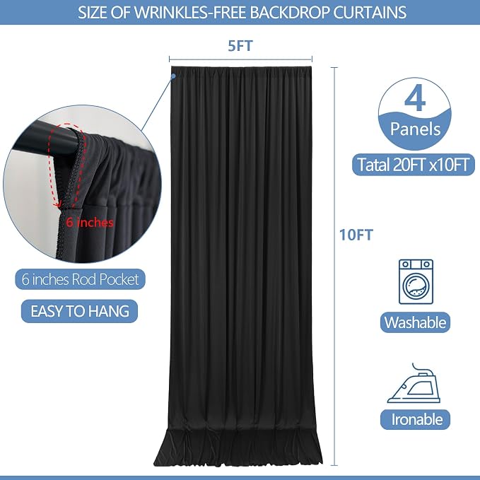 20x10ft Wrinkle Free Black Backdrop Curtain for Parties Soft Fabric Drapes Wedding Black Curtain Backdrop for Birthday Party Decorations Background for Photography 5x10ft, 4 Panels - Image 3