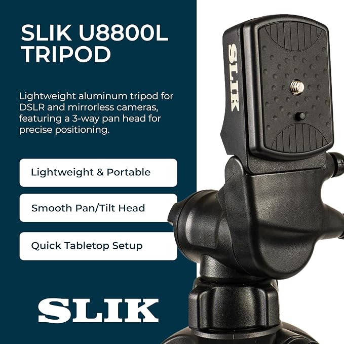 SLIK U8800 Aluminum Tripod Kit w/Inegrated Multi-Action Pan Head 67" Tall (612-051) - Folds Down to 25.6", Weighs 3.4lbs, Supports 9.9lbs, Crank Control Center Column, Great for Photos and Video | 75-inch aluminum tripod with fluid pan head and quick r... - Image 2
