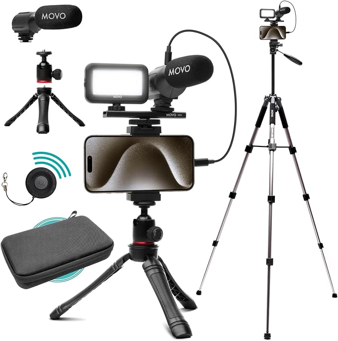 Movo USB-C Vlogging Kit for iPhone 15 with Fullsize Tripod - USB Type-C Compatible Vlog Kit- Accessories: Tripods, Phone Mount, LED Light, Shotgun Mic for YouTube Starter Kit - iPhone 15 Vlogging Kit by Movo