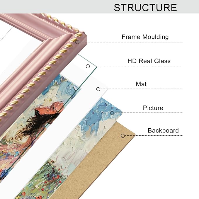 8x10 Picture Frame in Pink with Classic Rope Edge, Solid Wood with Real Glass, Display 8x10 Photos Matted to 5x7, Vertical and Horizontal Desk Tabletop or Wall Hanging - Image 7