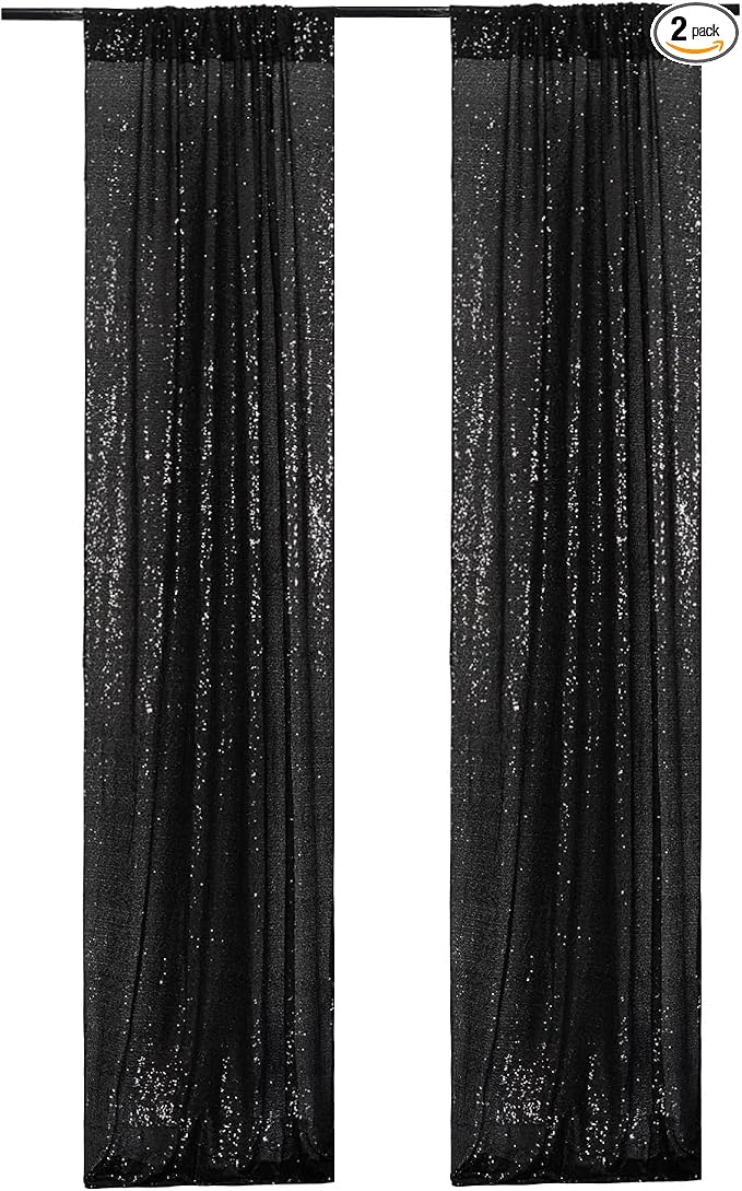 Poise3EHome Black Sequin Backdrop Curtain, 2 Panels 2Ft x 8Ft Glitter Photography Background for Party Baby Shower Wedding Birthday Christmas Thanksgiving Halloween Decoration by Poise3EHome