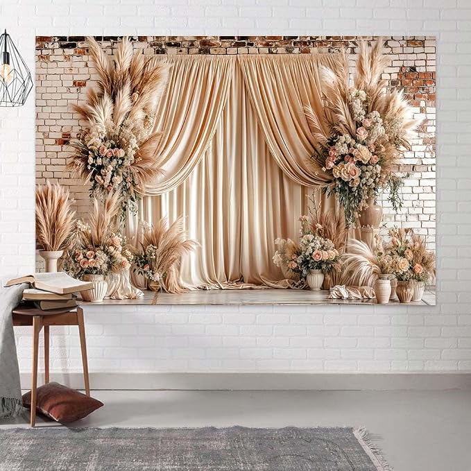 12X10ft Boho Floral Wedding Backdrop Wall Background Photography Beige Vintage Flowers Backdrops for Parties Wedding, Girls Birthday Princess Weeding Bridal Shower Floral Anniversary Ceremony Decor - Image 4