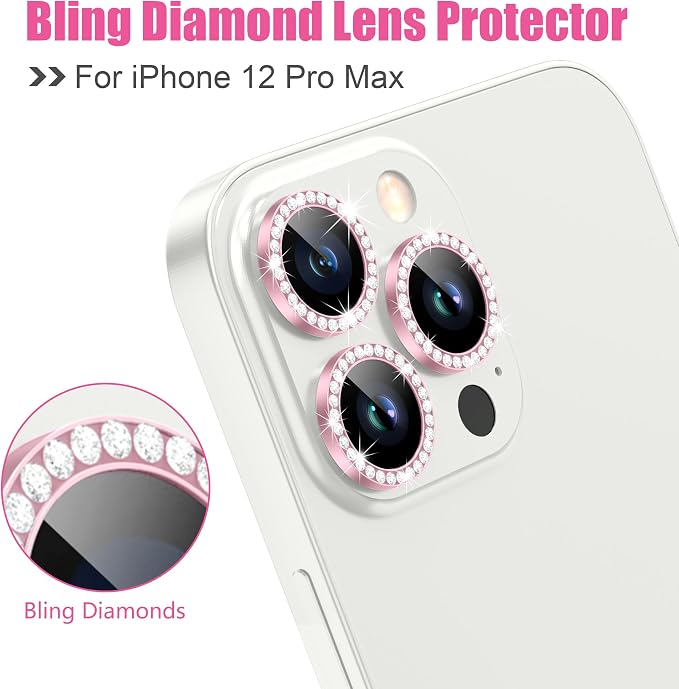 AGVEE 3+3 6 Pack for iPhone 12 Pro Max Camera Lens Protector Cover | Individual Bling Diamond & Bling Glitter Sparkle Cute Gem Metal Ring, 9H Tempered HD Glass - Image 4