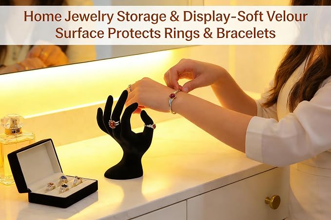 Jewelry Display Stand, 7-Inch Hand-Shaped Velour Holder for Rings | Velour-coated plastic, 7" x 4.5" x 3.5", hand-shaped, for rings, bracelets, photo props, displays, retail, home decor - Image 2