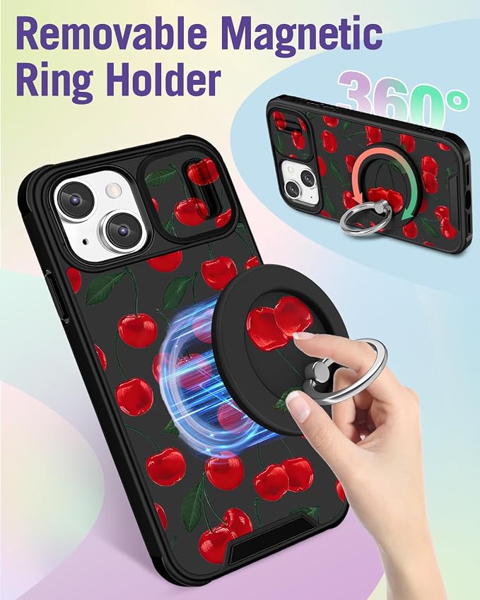 Buleens for iPhone 14 Plus Case 6.7 Inch - with Ring Stand & Camera Cover Cute Designed for Women Girls Girly Kawaii Cherry for iPhone 14 Plus Phone Case Compatible with Magsafe - Image 5