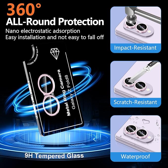 for Samsung Galaxy Z Fold 8 Camera Lens Protector, Individual Metal Ring Tempered Glass Lens Cover, [Strong Adsorption] Scratch Resistant Ultra-Thin HD Clear Lens Cover, 1 Set-Pink - Image 2
