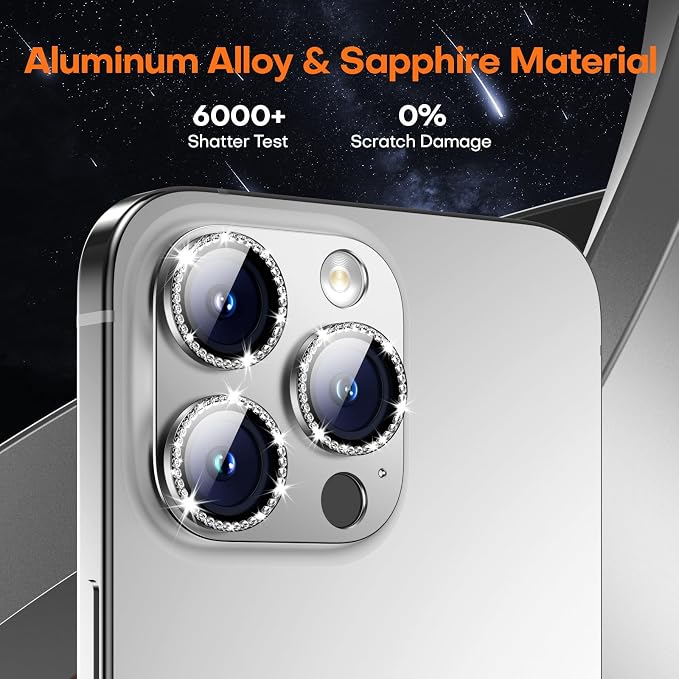 Camera Lens Protector for iPhone 16/15/14 Pro Max & 16/15/14 Pro | Silver Diamond, Aluminum Alloy, 9H+ Glass Camera Cover, Nano Reinforced Adhesive, Anti-Drop, Anti-Scratch, Case Friendly - Image 5
