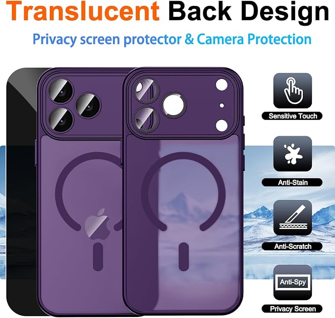 Magnetic for iPhone 17 Pro Max Case, Shockproof Phone Cover, Purple | Full Camera Protector, with Privacy Screen Protector, Compatible with MagSafe, Translucent Matte Phone Case for Women Girls - Image 2
