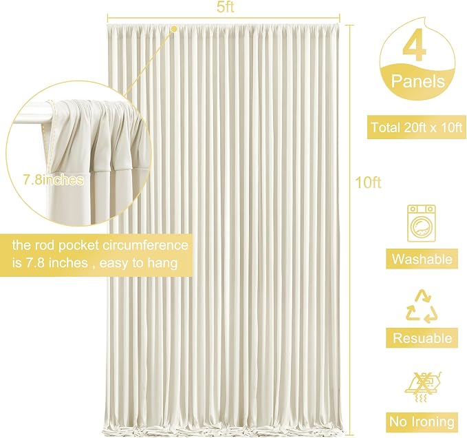 4 Panels Beige Backdrop Curtain for Wedding Parties Wrinkle Free Beige Photo Curtains Backdrop Drapes Fabric Decoration for Baby Shower Photoshoot 20ft(W) x 10ft(H) - Image 5