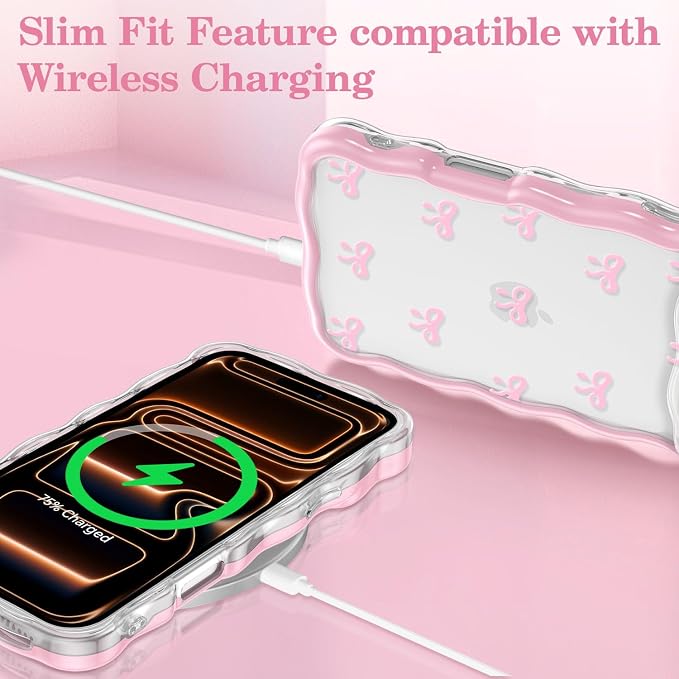 QLTYPRI for iPhone 17 Pro Max Pink Bow Case, Clear Cute Pink Ribbon Bow Phone Case Curly Wavy Aesthetic Phone Cover, Soft Slim Transparent TPU Shockproof Protective Cover for Women Girls - Tiny Bow - Image 5