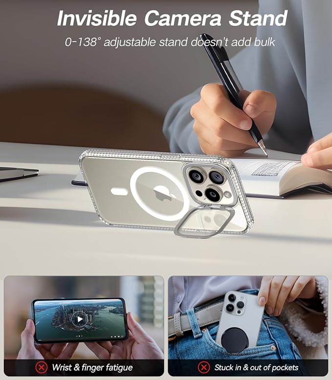 VOFATA [Upgraded] for iPhone 15 Pro Case with Camera Cover Stand [Fit for MagSafe][9H Camera Lens Protector] Mil-Grade Protection Transparent Magnetic iPhone 15 Pro Phone Case, Clear - Image 3