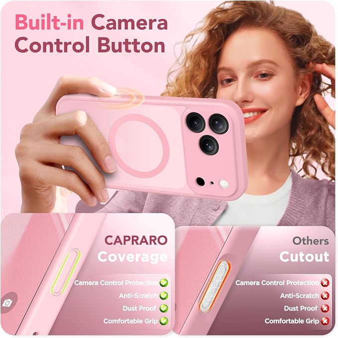 CAPRARO for iPhone 17 Pro Max Case, Compatible with MagSafe | Upgraded [Full Camera Protection] Protective Translucent Matte Women Girl Magnetic Phone Case Cover, Peach Pink - Image 5