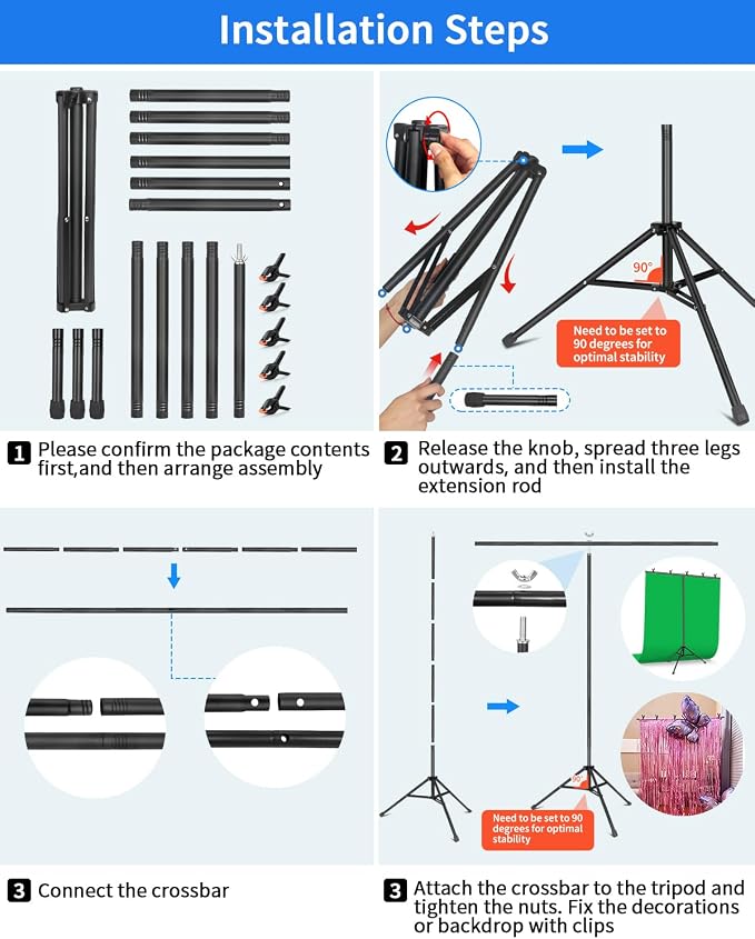 Hemmotop T Shape Backdrop Stand 8x7.5ft(HxW) Portable | Threaded Connection, Same Pipe Size, Extra Sturdy, with 5 Clips and Carry Bag, for Birthday, Baby Shower Party, Photoshoot - Image 6