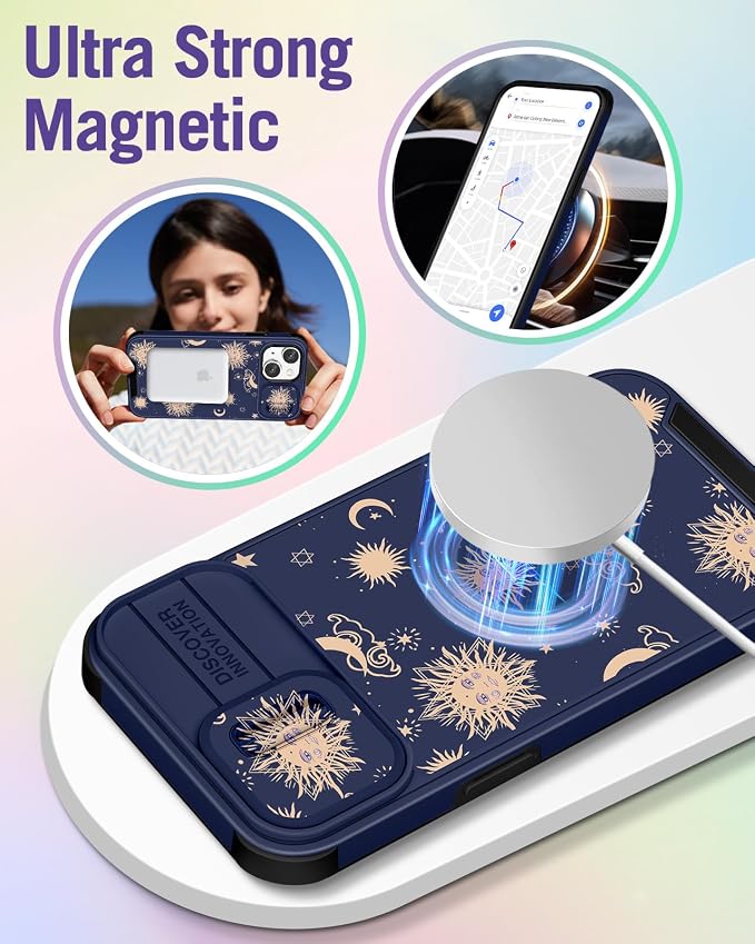 Buleens for iPhone 15 Plus Case 6.7 Inch - with Ring Stand & Camera Cover Aesthetic Cute Designed for Women Girls Sun Moon Stars for iPhone 15 Plus Phone Case Compatible with Magsafe - Image 4