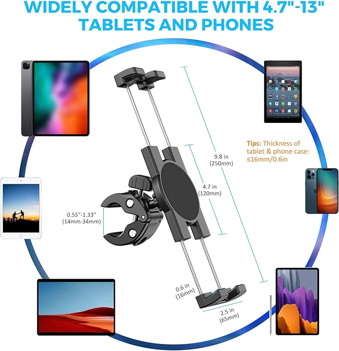KDD Spin Bike Tablet Holder Mount, Phone iPad Holder Stand Exercise Bike Handlebar Mount for Stationary Bicycle, Treadmill, Microphone Stand, Fit for iPad Pro 12.9, Galaxy Tabs, iPhone(4.7-13”) - Image 5