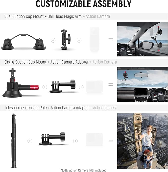 NEEWER Triple Suction Cup Car Mount Compatible with Insta360 X5 X4 GoPro DJI OSMO 360 Cameras, Quick Release Outside Windshield Magic Arm Mount Kit with 2 in 1 Extension Pole/Selfie Stick, CA065 - Image 6
