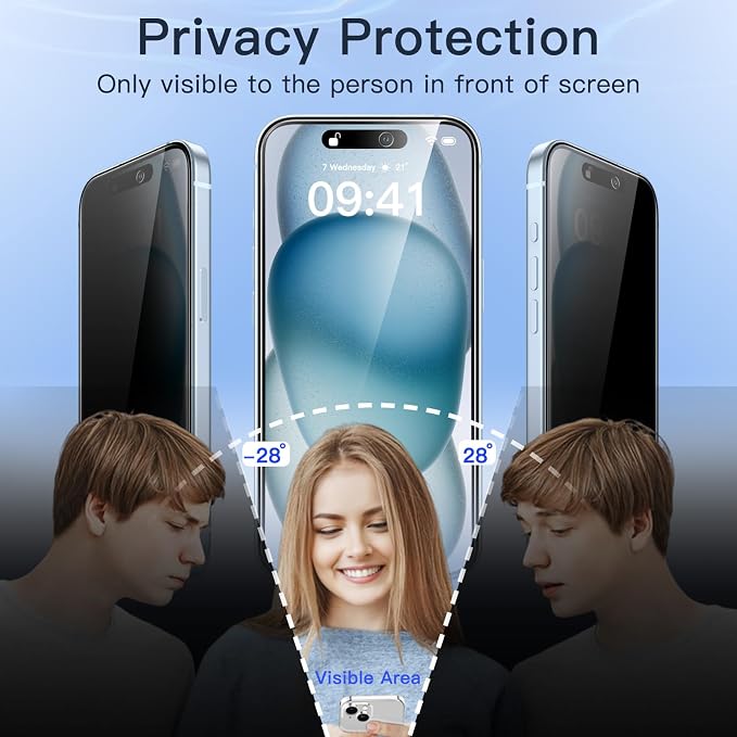 JETech Privacy Screen Protector for iPhone 15 Plus, 2+2 Pack | Anti-Spy Tempered Glass, with Camera Lens Protector, Easy Installation Tool - Image 4