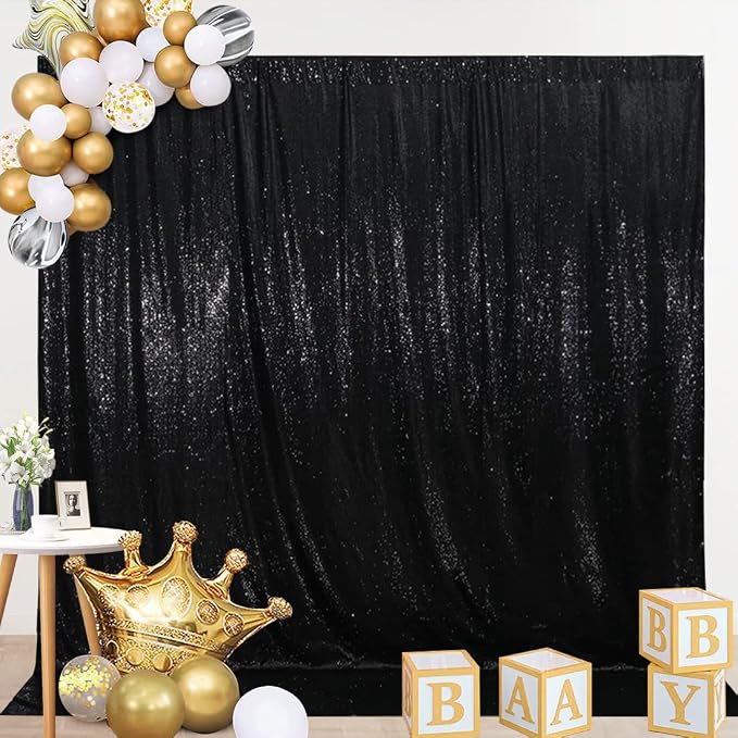 SquarePie 8x8ft Black Sequin Backdrop, High Density Non-Transparent Glitter Curtain for Photography, Birthday, Wedding Party Decorations, Thick Solid Background with 4" Rod Pocket, 1 Panel - Image 3