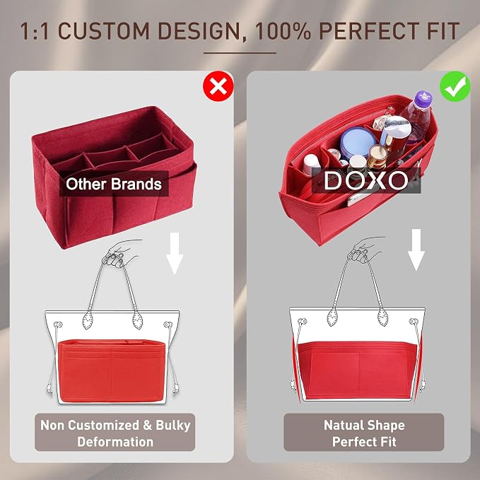 Doxo Purse Organizer Insert for Handbags & Base Shaper 2pc Set, Felt Neverfull MM Organizer Insert, Tote Bag Organizer with Zipper Pocket and Bottle Holder, Fit Speedy 30 Neverfull MM and More,Red-L - Image 5