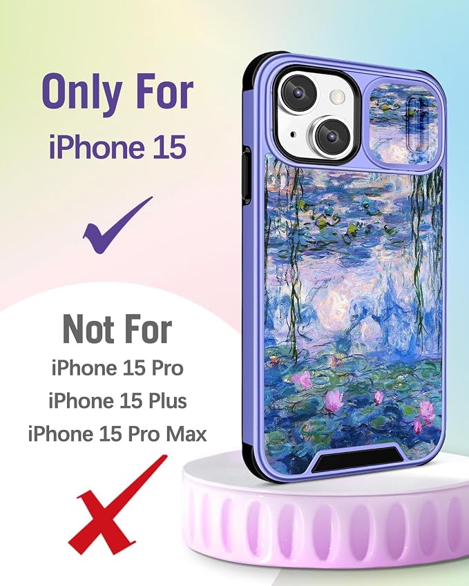 Buleens for iPhone 15 Case 6.1 Inch - with Ring Stand & Camera Cover Aesthetic Cute Designed for Women Girls Girly Pretty Blue Water Lily for Phone Case for iPhone 15 Compatible with Magsafe - Image 2