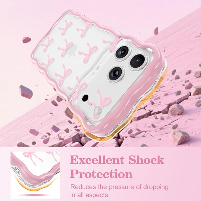QLTYPRI for iPhone 17 Pro Max Pink Bow Case, Clear Cute Pink Ribbon Bow Phone Case Curly Wavy Aesthetic Phone Cover, Soft Slim Transparent TPU Shockproof Protective Cover for Women Girls - Ribbon Bow - Image 4