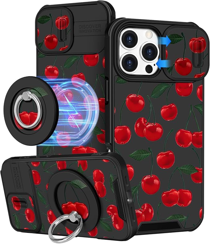 Buleens for iPhone 16 Pro Max Case 6.9 Inch - with Ring Stand & Camera Cover Aesthetic Cute Designed for Women Girls Girly Pretty Kawaii Cherry Phone Case for iPhone 16 Pro Max Compatible with Magsafe by Buleens