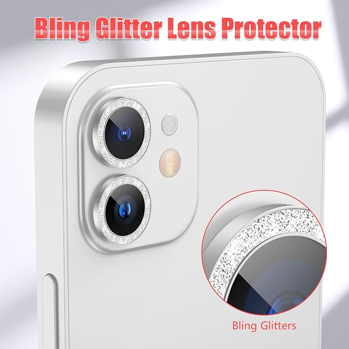 AGVEE 3+3 6 Pack for iPhone 12 & Mini & Pro Camera Lens Protector Cover | Individual Bling Diamond & Bling Glitter Sparkle Cute Gem Metal Ring, 9H Tempered HD Glass - Image 5