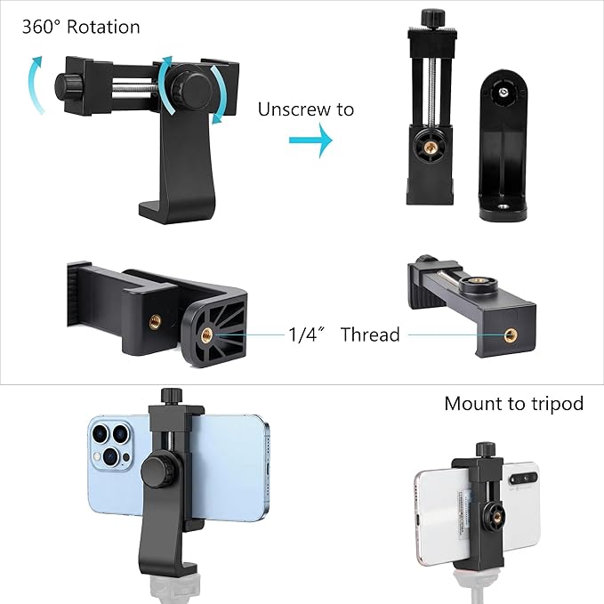 Ruittos Phone Tripod Mount Adapter with Camera Remote Controller, Cell Phone Holder Clip with Adjustable Clamp Compatible with iPhone, Samsung, HTC, Huawei etc., Include Wrist Strap - Image 5