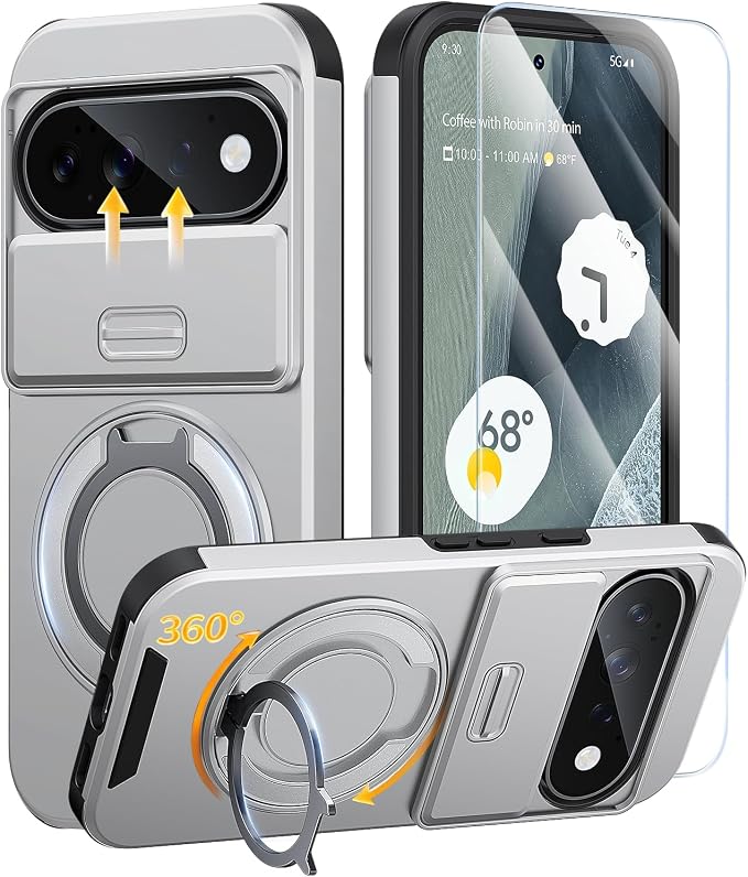 JAME for Google Pixel 10/10 Pro/11/11 Pro Case, Stand & Slide Camera Cover | Ring Holder Kickstand, Screen Protectors, Dual-Layer Shockproof Protective, Magnetic Accessory Friendly Phone Case, Silver by JAME