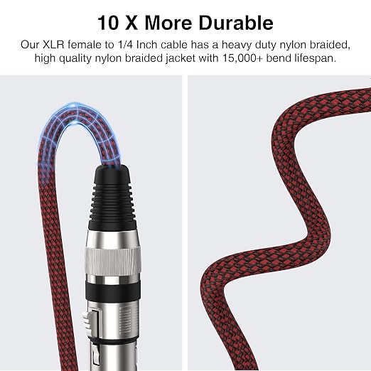 XLR Female to 1/4 Inch Cable 15 ft 2Pack, Nylon Braided Microphone Cable 6.35mm TRS to XLR Female Balanced Cable Compatible with Shotgun Microphone, Recording Studios and More - Image 2