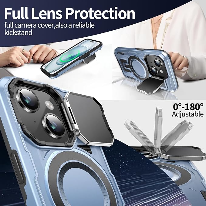 Camera Stand Case for iPhone 15, [Compatible with MagSafe] [Lens Cover] 2024 Version Military Grade Protective Soft Case for iPhone 15 6.1 inch Men Women, Blue - Image 3
