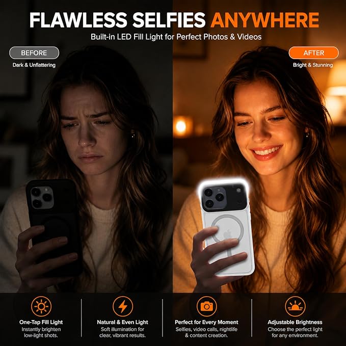 tesha Selfie Light Case for iPhone 17 Pro Max, MagSafe, Camera Detector | 2-Level LED Brightness, IR Hidden Camera Scanner, Drop Protection, Rechargeable Light Up Cover, No APP Needed for Video Vlog - Image 2