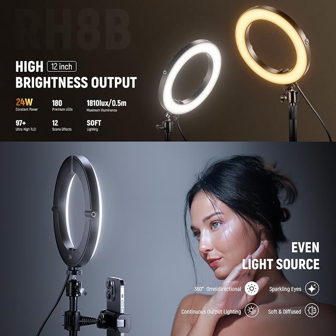 NEEWER 12" 24W High Power Desk Ring Light with Stand/Phone Holder, LED Selfie Video Conference Lighting for iPhone Streaming Makeup Vlog Recording Laptop Computer Webcam Zoom Call Podcast, RH12B - Image 2