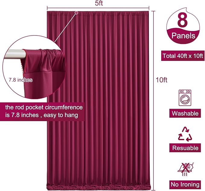 8 Panels Burgundy Backdrop Curtain for Wedding Parties Wrinkle Free Maroon Photo Curtains Backdrop Drapes Fabric Decoration for Birthday Bridal Shower Ceremony 40ft(W) x 10ft(H) - Image 5