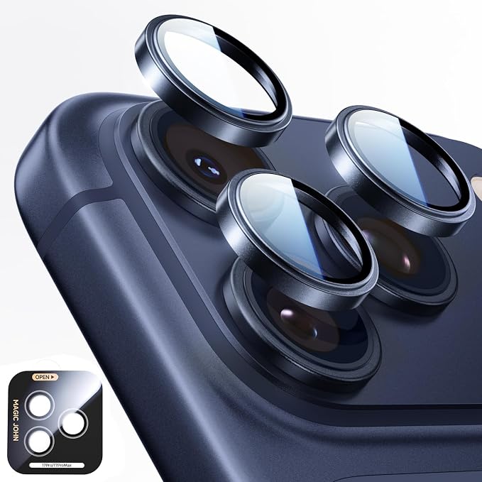 MAGIC JOHN 2 pack for iPhone 17 Pro Max/17 Pro Camera Lens Protector,Blue | [Alignment Kit&1:1 Invisible Fit] 9H Aerospace Tempered Glass, Ultra HD, Metal Individual Ring by MAGICJOHN