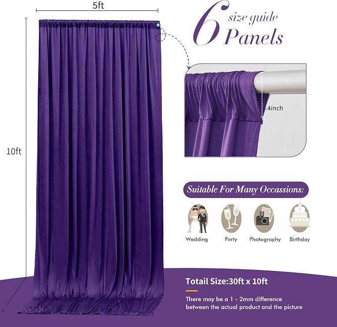 30 ft x 10 ft Wrinkle Free Purple Backdrop Curtain for Parties, 5ft x 10ft 6 Panels Polyester Purple Photo Backdrop Drapes for Wedding Birthday Party Baby Shower - Image 7