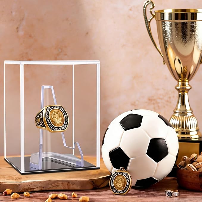 Clear Acrylic Championship Ring Display Case with Black Base, Memorabilia Stand Cube Holder, Dust Protective Transparent Storage Box for Single Rings Souvenir Ring Collections - Image 4